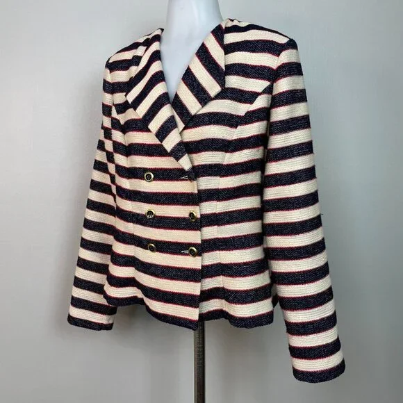 Cabi Cruise Jacket 6 Nautical Stripe Navy Blue Tweed Double Breasted Blazer - Picture 4 of 13